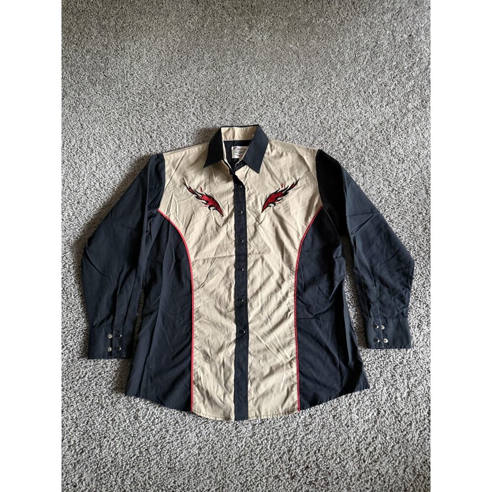 Country Charmers Shirt Mens M Black Tan Colorblock Long Sleeve Snap Button Up